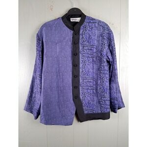 Chicos 100% Silk Button Up Shirt Womens  0‎ SM Purple Asian Print Top Vintage